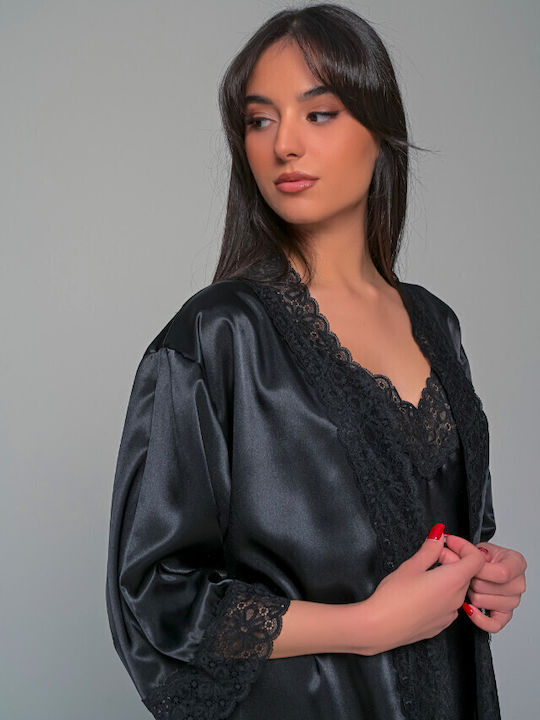 Milena by Paris Καλοκαιρινή Γυναικεία Σατέν Ρόμπα Μαύρο