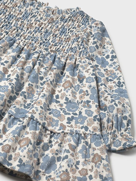 Kinderkleid Langärmelig Samt Blumen Light Blue