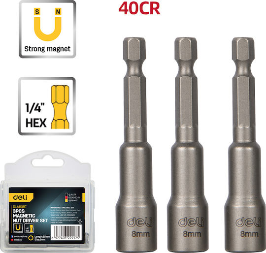 Deli Magnetische Nüsse Sechskant mit Vierkant-Antrieb HEX, 1/4" Set 3Stück