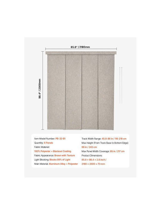 Vevor Panel Track Blinds Extendable Track 116 Cm To 218 Cm W Trimmable Brown