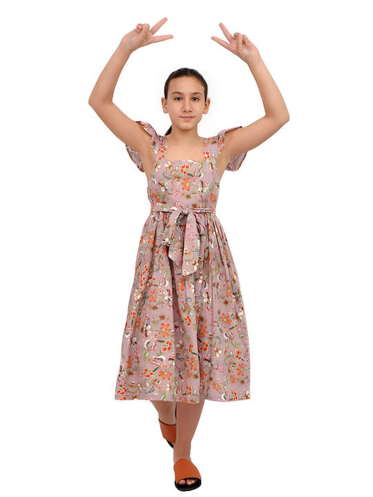 Mädchenkleid Kurzärmelig Blumen Set mit Zubehör Rosa