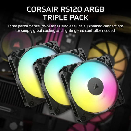 Corsair RS120 Case Fan (2100rpm / 72.8cfm) with ARGB Lighting and 4-Pin PWM Connection 3pcs