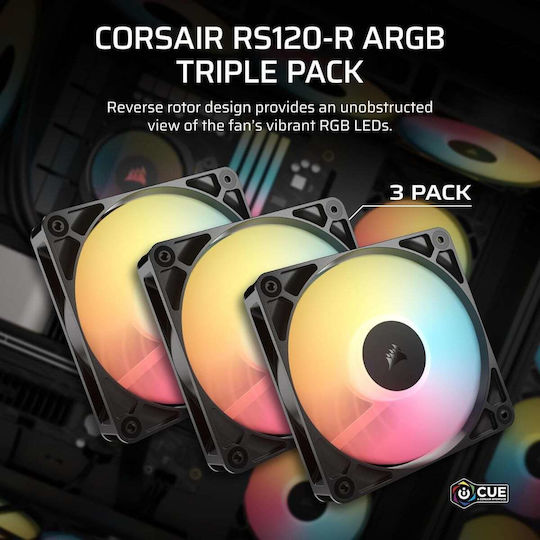 Corsair RS120 Reverse Blade Case Fan 2100rpm 72.8cfm with ARGB Lighting and 4-Pin PWM Connection 3pcs