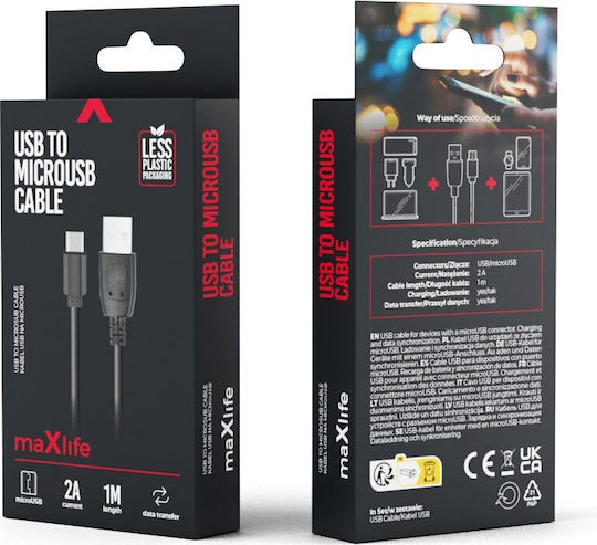 Maxlife Regular USB 2.0 to micro USB Cable 2A Μαύρο 1m (MAXLIFEMICRO)