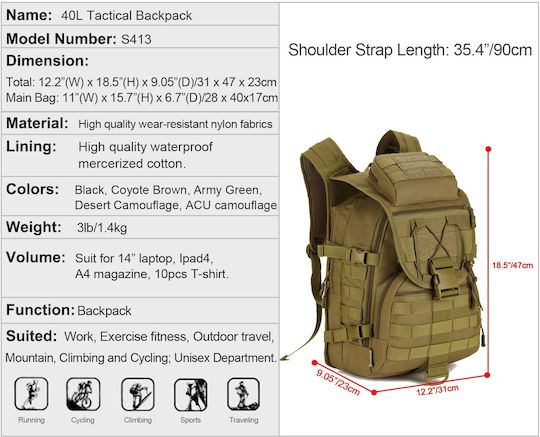 Heavy Duty Military Backpack Backpack Khaki 42lt