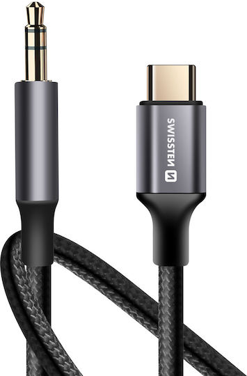 Swissten USB Typ-C Zu 3.5mm Jack Audio Auxiliary Kabel Geflochtenes Nylon 1,5m Schwarze
