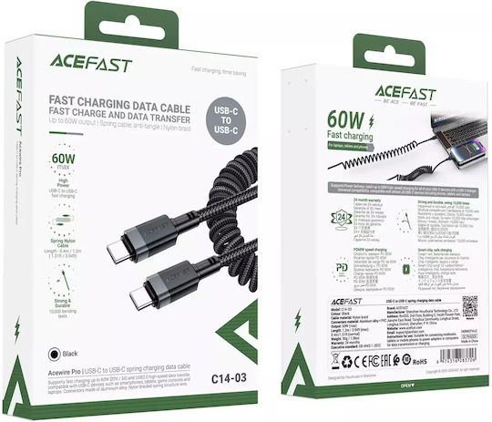 Acefast Braided USB 2.0 Cable USB-C male - USB-C 60W Μαύρο 1.2m C14-03