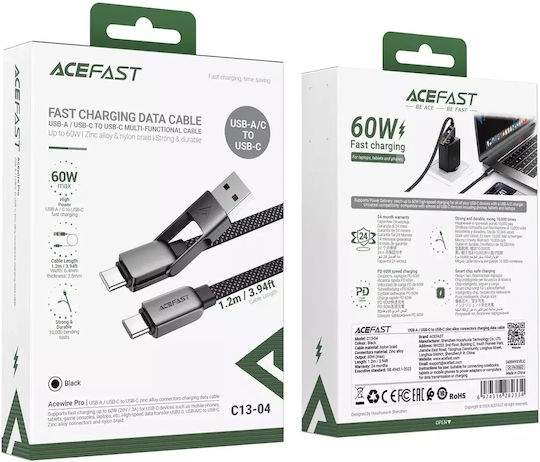 Acefast USB 2.0 Cable USB-C male - USB-A 60W Black 1.2m (C13-04)