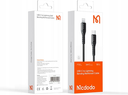 Mcdodo Редовна USB-C към Lightning кабел 36W Черен 1м (CA-5631)