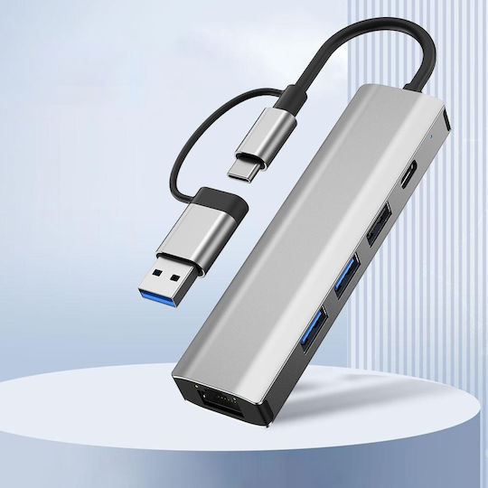 Techsuit USB Hub 5 Ports USB 3.0 with USB-C Connection Ethernet Gray