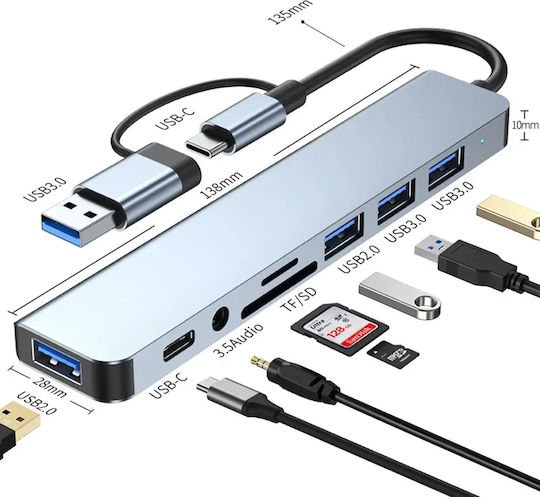 Techsuit Databridge 8-in-1 (H9) USB-Hub 5 Schnittstellen USB 3.2 mit Anschluss an einen Computer USB-A / USB-C Graues