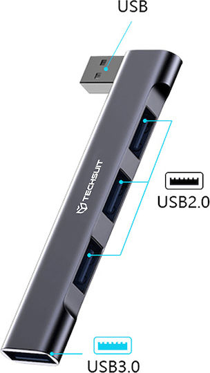 Techsuit Hub 4 Θυρών USB 2.0 με σύνδεση USB-A Γκρι