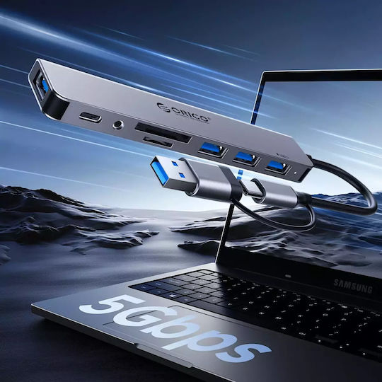 Orico Хъб 7 Порта USB 3.0 с Връзка USB-A / USB-C Сив