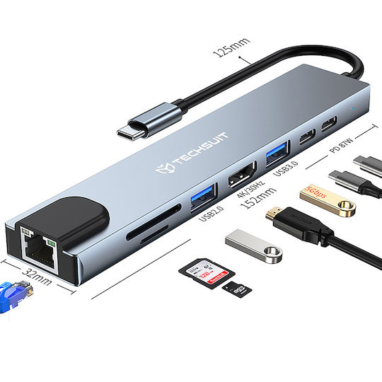 Techsuit Netbridge 8 In 1 (H2) USB-C Docking Station με HDMI 4K PD Ethernet Γκρι