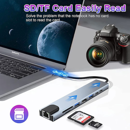 Techsuit Netbridge 8 In 1 (H2) USB-C Docking Station με HDMI 4K PD Ethernet Γκρι