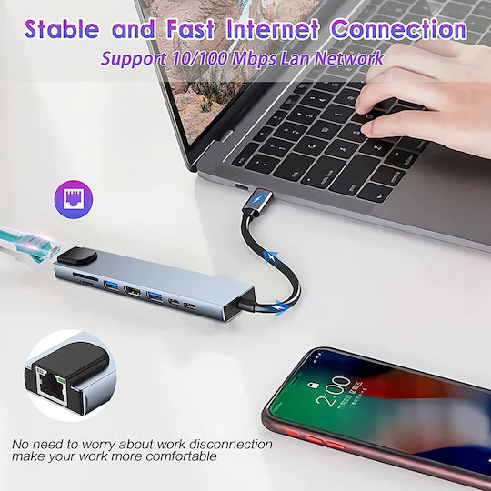 Techsuit Netbridge 8 In 1 (H2) USB-C Docking Station με HDMI 4K PD Ethernet Γκρι