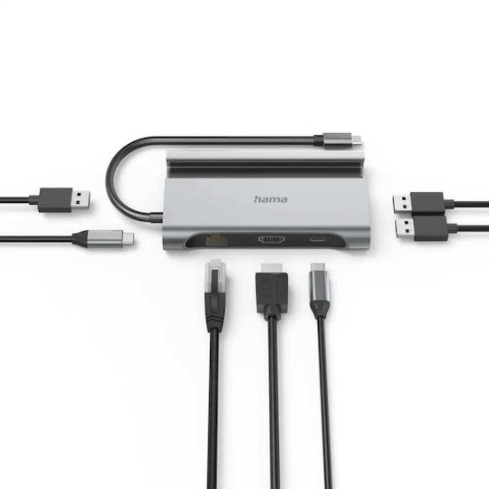 HAMA 7-in-1 USB-C Докинг станция с HDMI 4K PD Ethernet Сив