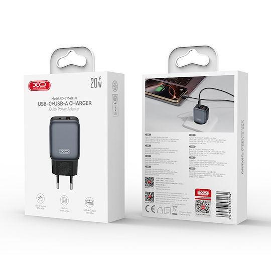 XO Charger with Built-in Cable with USB-A Port and USB-C Port USB-C 20W Quick Charge 2.0 / Quick Charge 3.0 Blacks (L154)