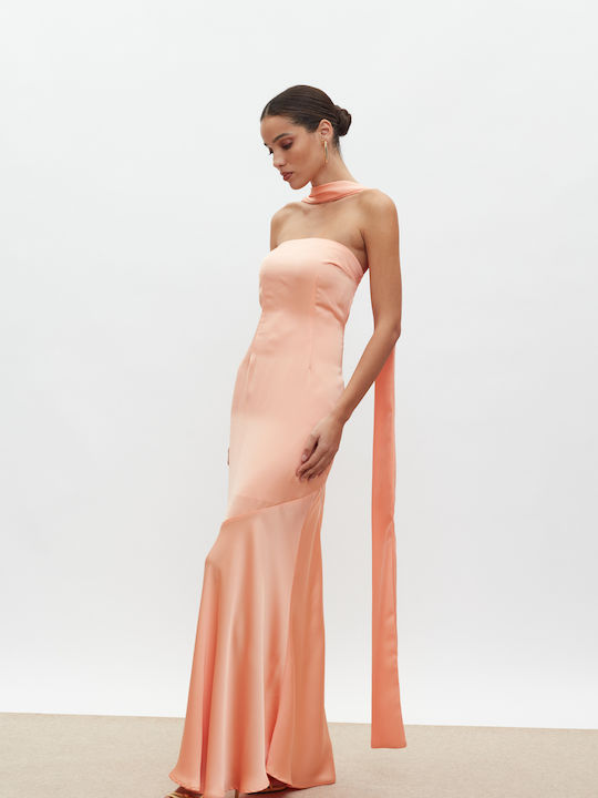 Maxi Βραδινό Φόρεμα Strapless Σατέν Peach