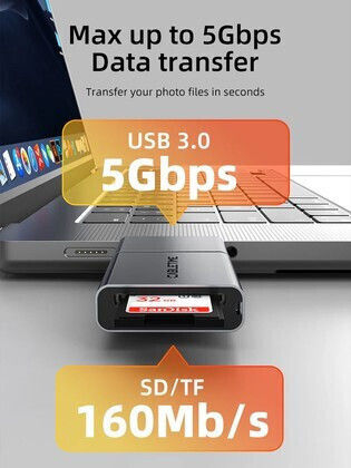 Cabletime Кард Рийдър USB 3.0 Type-C За SD Сива