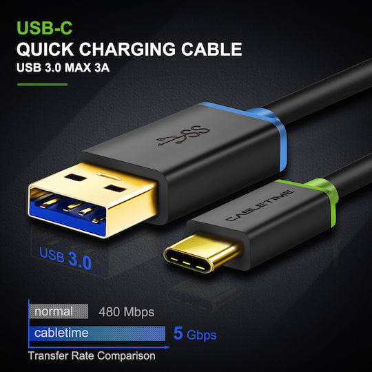 Cabletime Cablu USB 2.0 USB-C Masculin - USB-A Negru 3m CT-C160-U33-CMAMG