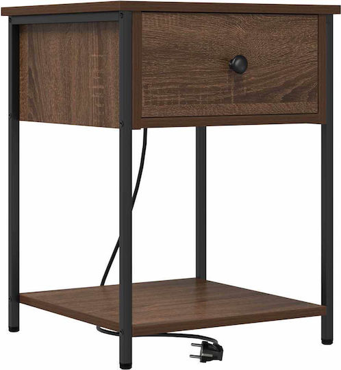 Metal Bedside Table with Glass Surface Brown Oak 42x41x56cm