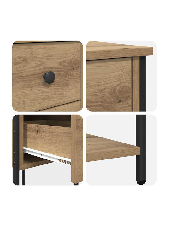 Wooden Bedside Table With Metal Legs Brown Oak 32x42x70cm