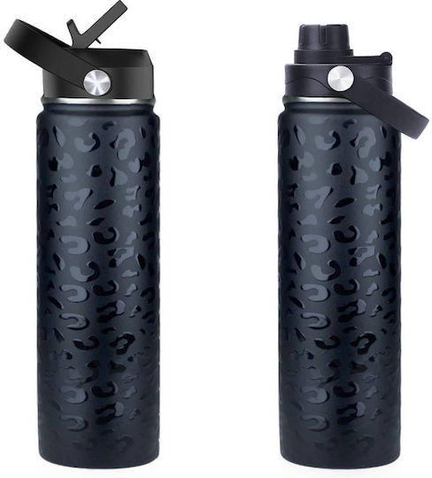 Cool'NMore Stainless Steel Thermos Bottle BPA Free 750ml Black with Mouthpiece Loop Straw and Handle