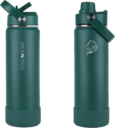 Cool'NMore Stainless Steel Thermos Bottle BPA Free 750ml Moss Green with Handle Straw Loop and Mouthpiece