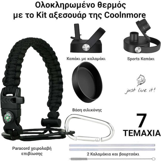 Cool'NMore Stainless Steel Thermos Bottle BPA Free 750ml Black with Mouthpiece Loop Straw and Handle