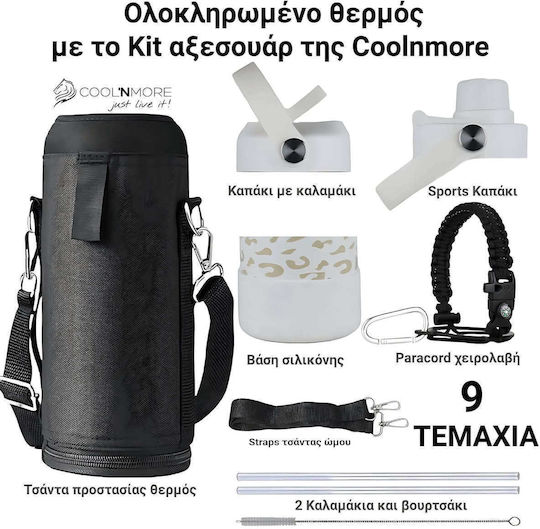 Cool'NMore Thermos Bottle Stainless Steel BPA Free 1lt White with Mouthpiece Loop Straw and Handle