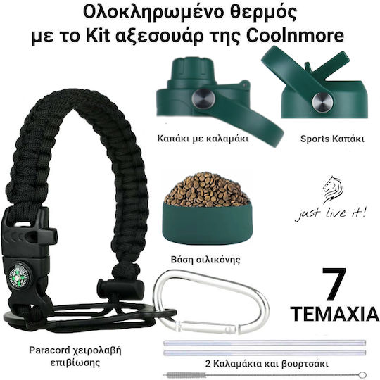 Cool'NMore Thermos Bottle Stainless Steel BPA Free 500ml Moss Green with Mouthpiece Loop Straw and Handle