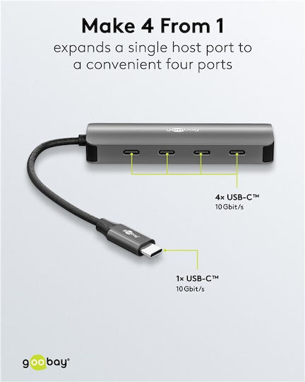Goobay USB Хъб 4 Порта USB 3.2 с USB-C Връзка Сив