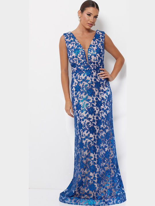 Maxi Abendkleid mit Spitze & Transparenz Blau