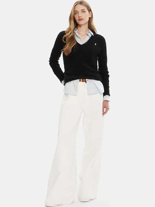 Women's Long Sleeve Sweater Woolen with V Neckline Black