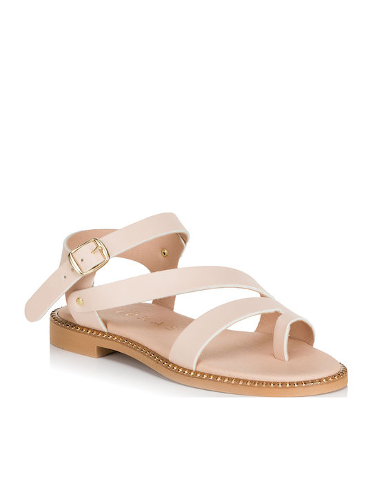 Leather Women's Flat Sandals in Pink Color
