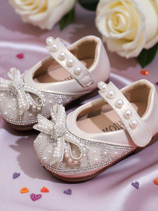 Kids Leather Ballerinas with Hoop & Loop Closure Ecru