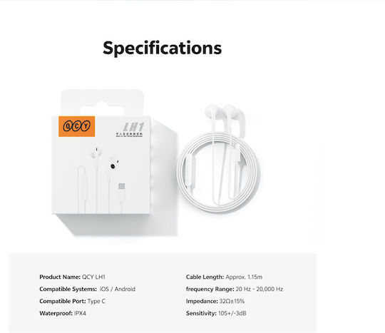 QCY In-ear Handsfree Ακουστικά με Βύσμα USB-C Λευκό
