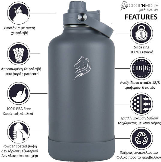 Cool'NMore Μπουκάλι Θερμός Ανοξείδωτο BPA Free 2lt Lava Grey με Επιστόμιο, Θηλιά, Καλαμάκι και Λαβή