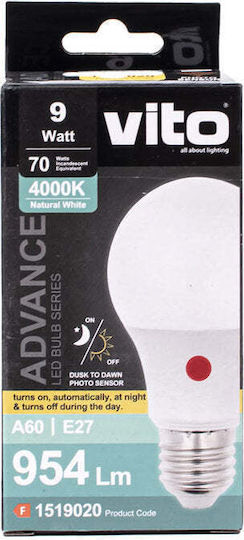 Vito LED Bulb 9W For E27 Socket And A60 Shape Natural White 810lm With Photocell