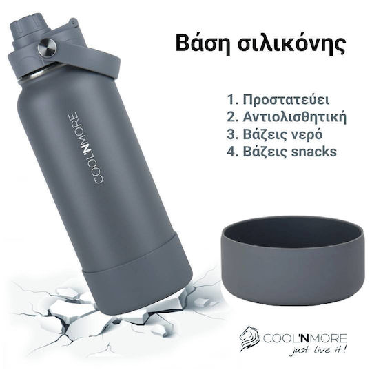 Cool'NMore Stainless Steel Thermos Bottle BPA Free 1lt Lava Grey with Handle Straw Loop and Mouthpiece