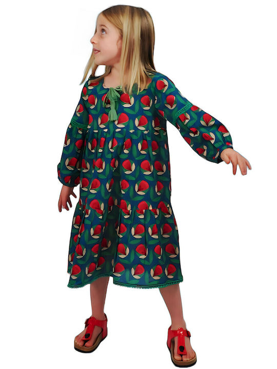 Kinderkleid Langärmelig Blumen Turquoise