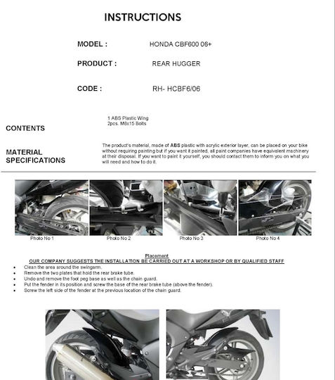 C-Racer Πίσω Φτερό Πίσω Τροχού Μοτοσυκλέτας για Honda CBF 600 Μαύρο
