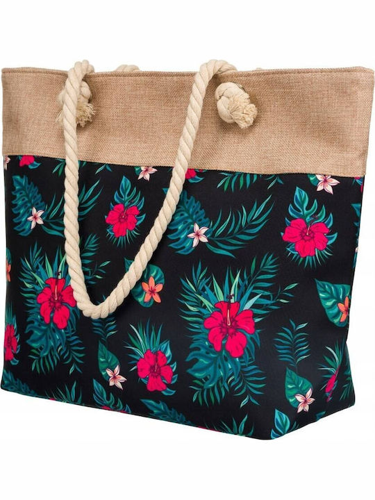 Stoff Strandtasche Blumen Schwarz