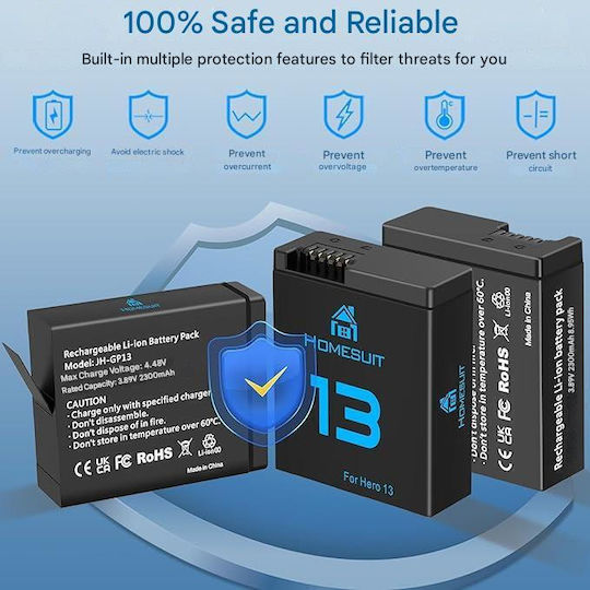 Set 3 Baterii Homesuit Ahdbt-901 GoPro Hero 13 Negru Enduro 2300 mAh Încărcător Cu 3 Canale Ecran LCD Carcasă Cablu USB Tip-C