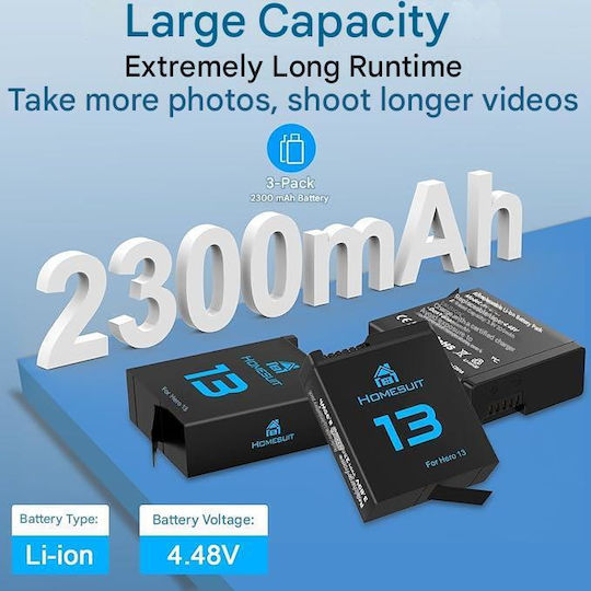 Set 3 Baterii Homesuit Ahdbt-901 GoPro Hero 13 Negru Enduro 2300 mAh Încărcător Cu 3 Canale Ecran LCD Carcasă Cablu USB Tip-C