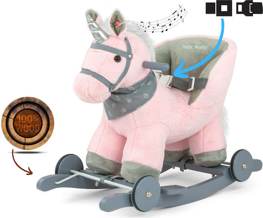 Milly Mally Fabric Rocking Toy Horse for 12+ months with Sounds & Wheels with Max Load Capacity 30kg Pink
