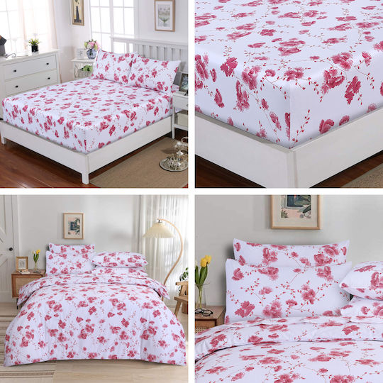 Casa Colori Cherry Blossom Σεντόνι Διπλό με Λάστιχο 140x200+30εκ. Ροζ