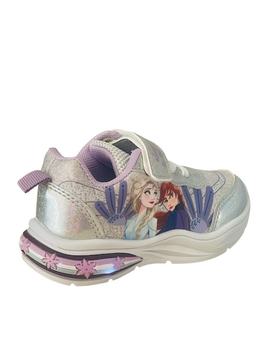 Frozen Παιδικά Sneakers Ανατομικά με Σκρατς & Φωτάκια Ασημί
