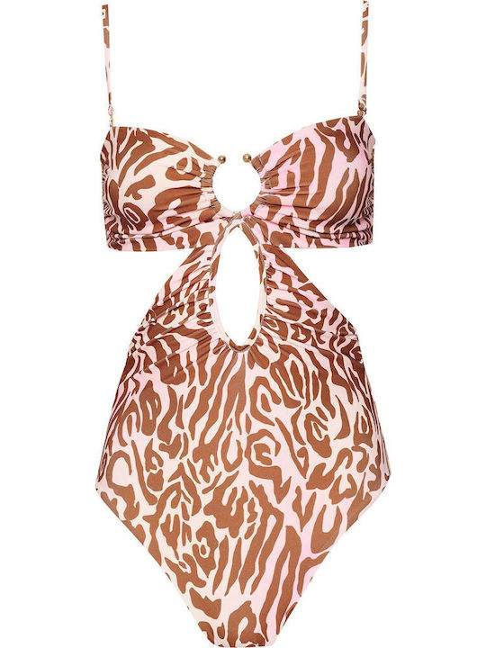 Strapless Swimsuit with Openings Animal Print Brown